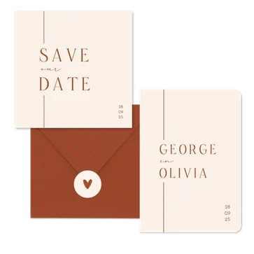 Trouwset minimalistische beige met terracotta lijn
